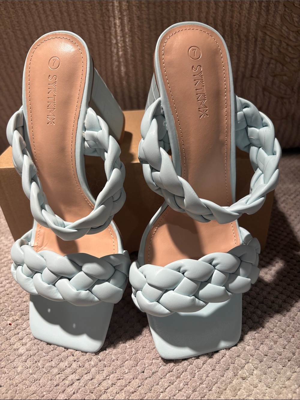SHEIN Braided Square-Toe Slip-On Heels in Pale Blue